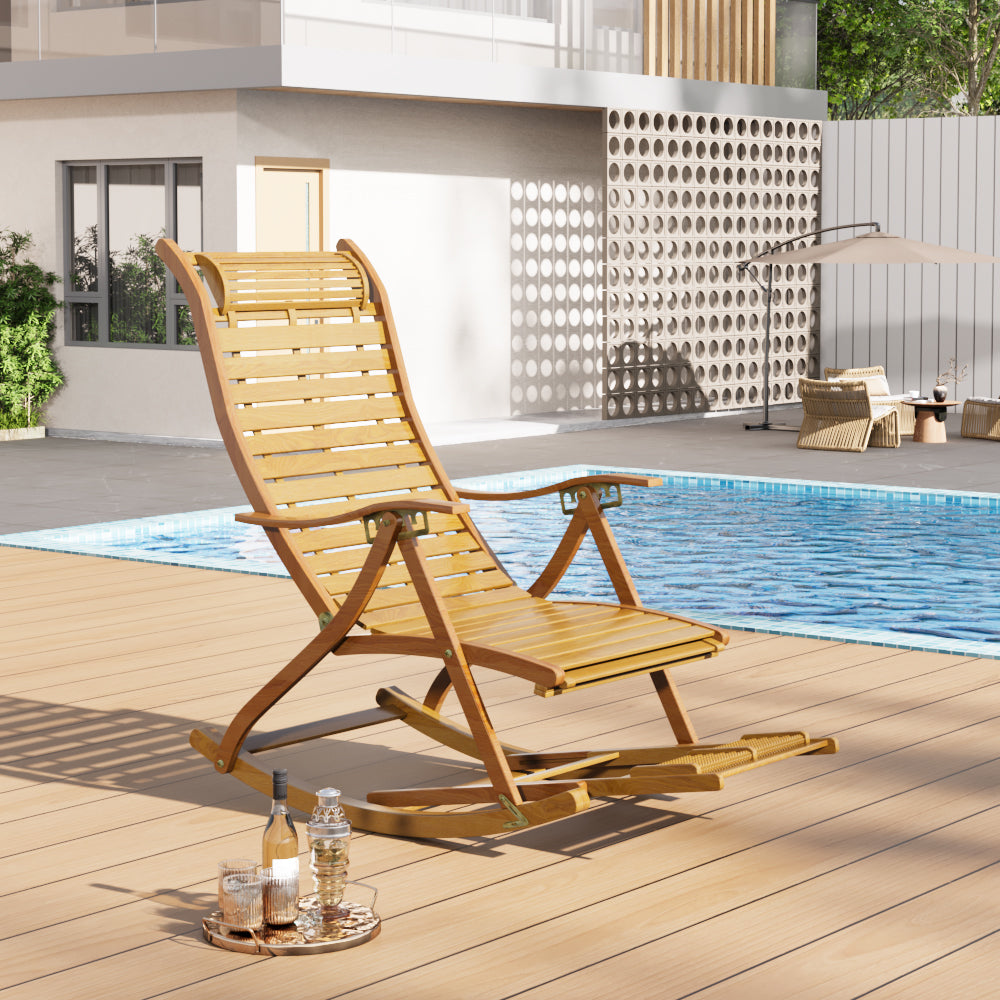 Natural bamboo rocking lounger set on a sunny patio with greenery