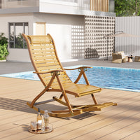 Natural bamboo rocking lounger set on a sunny patio with greenery