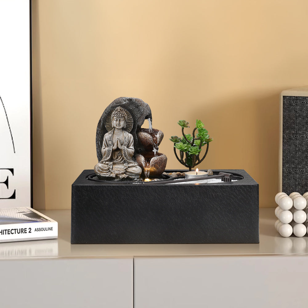 Tabletop Indoor Water Fountain with LED Light and Zen Garden
