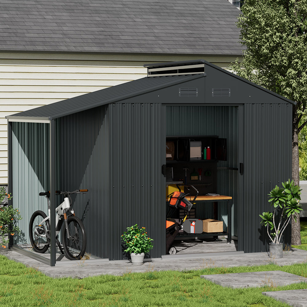 10x5ft grey steel lean-to shed with open double doors – perfect outdoor storage for garden tools and equipment