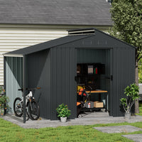 10x5ft grey steel lean-to shed with open double doors – perfect outdoor storage for garden tools and equipment