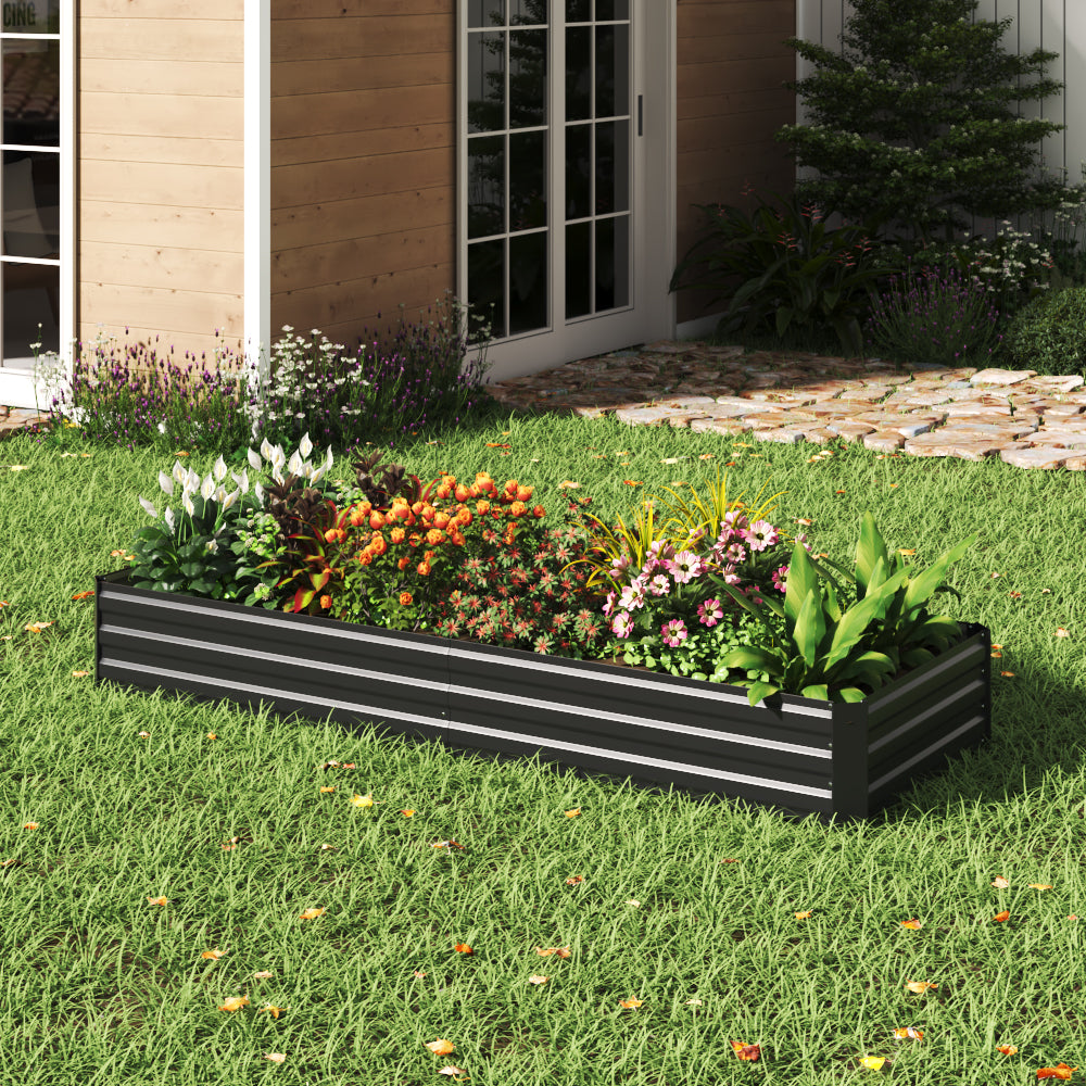 Rectangular galvanized steel planter box in backyard – ideal for flowers and plants in garden landscaping