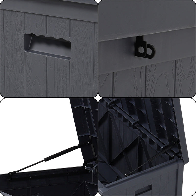 Grey 430L Storage Box Detail View – Lid Support, Waterproof Seal, Handles, Lock