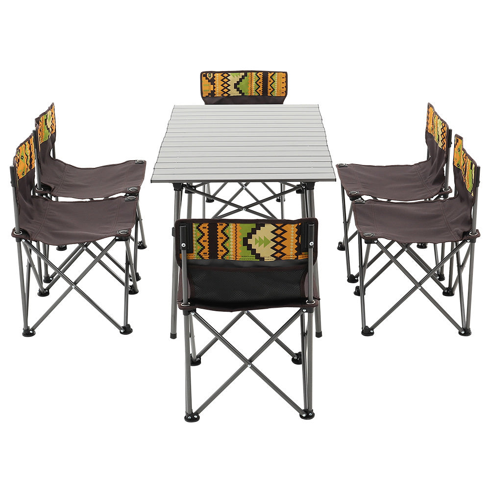 Foldable Brown Aluminum Camping Table and 6 Chairs Set – Compact and Lightweight Design