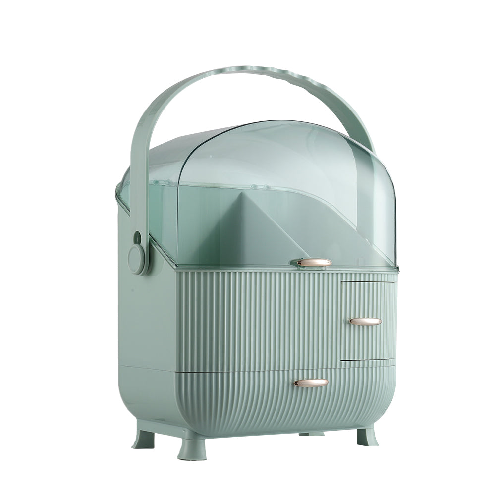 Mint green makeup storage organizer with clear dome, ribbed drawers and side carry handle