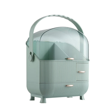 Mint green makeup storage organizer with clear dome, ribbed drawers and side carry handle