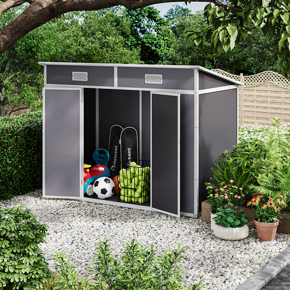 8x4ft grey plastic garden storage shed with pitched roof – spacious and weather-resistant outdoor shed