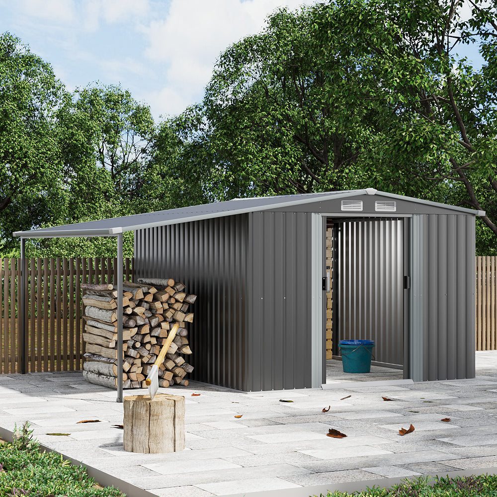Garden view of 8x8ft metal shed with doors open – storing tools and equipment with additional lean-to space