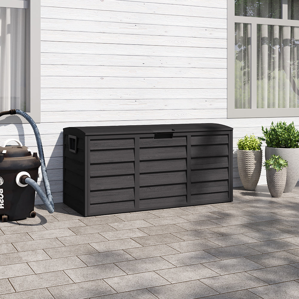 290L black outdoor storage deck box with wheels – lockable and mobile patio storage unit