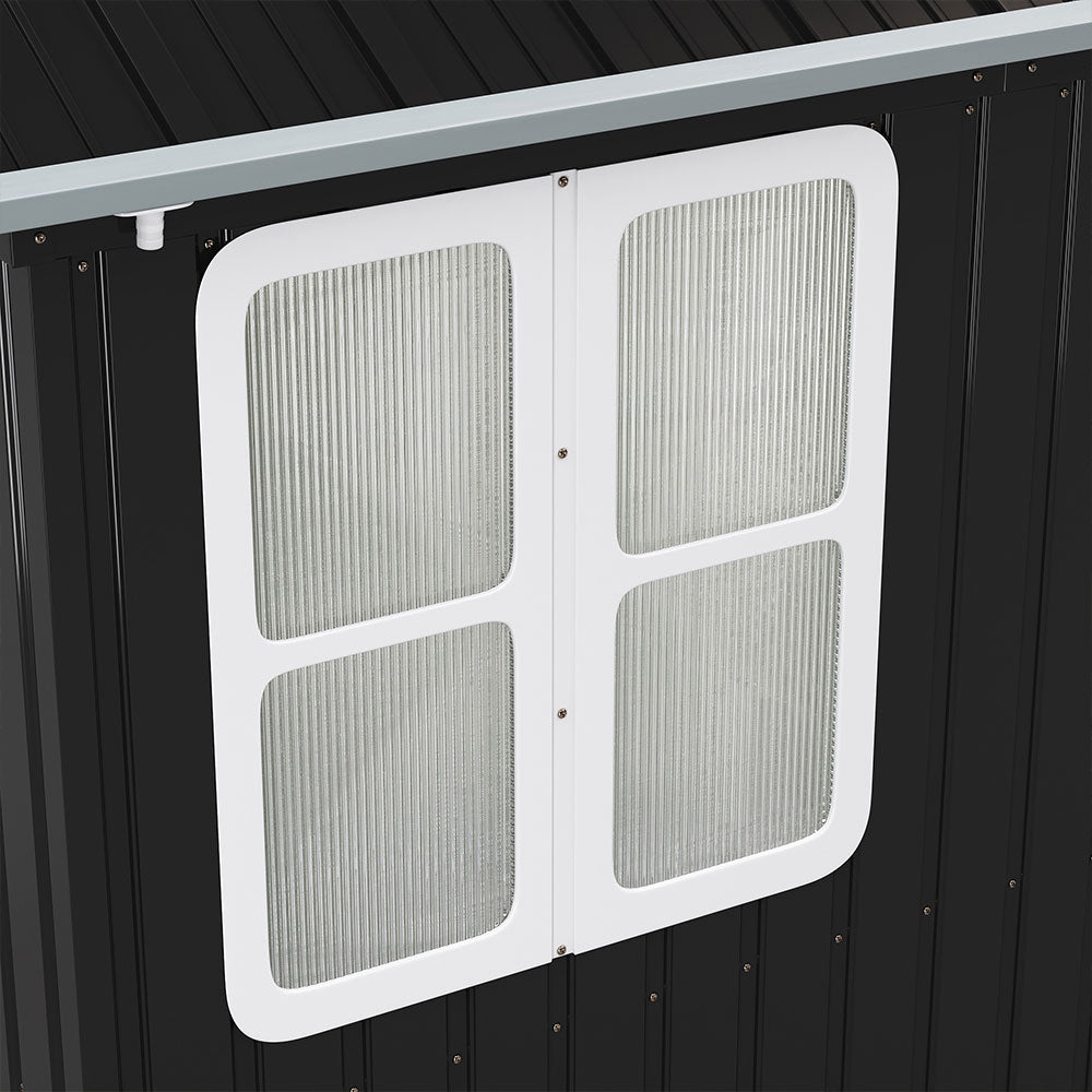 Window detail of 8x5ft black metal apex roof shed – allows natural light and ventilation for stored items