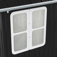Window detail of 8x5ft black metal apex roof shed – allows natural light and ventilation for stored items
