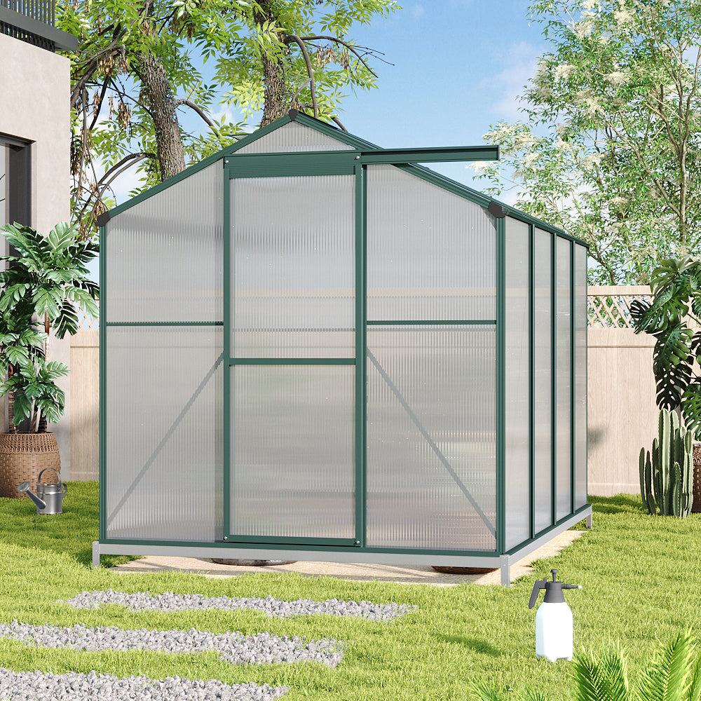 outdoor aluminium greenhouse 8x6ft with base, shown beside patio – UV-protected panels and vent for ventilation