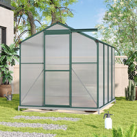 outdoor aluminium greenhouse 8x6ft with base, shown beside patio – UV-protected panels and vent for ventilation