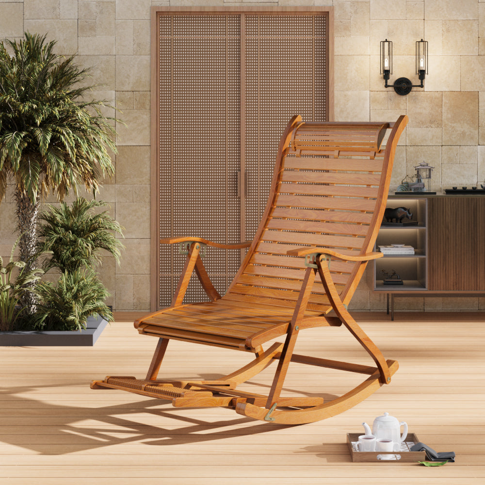 Brown bamboo garden rocking lounger chair – foldable reclining seat