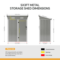 5x3FT Galvanised Metal Garden Shed With Pent Roof Lockable Door
