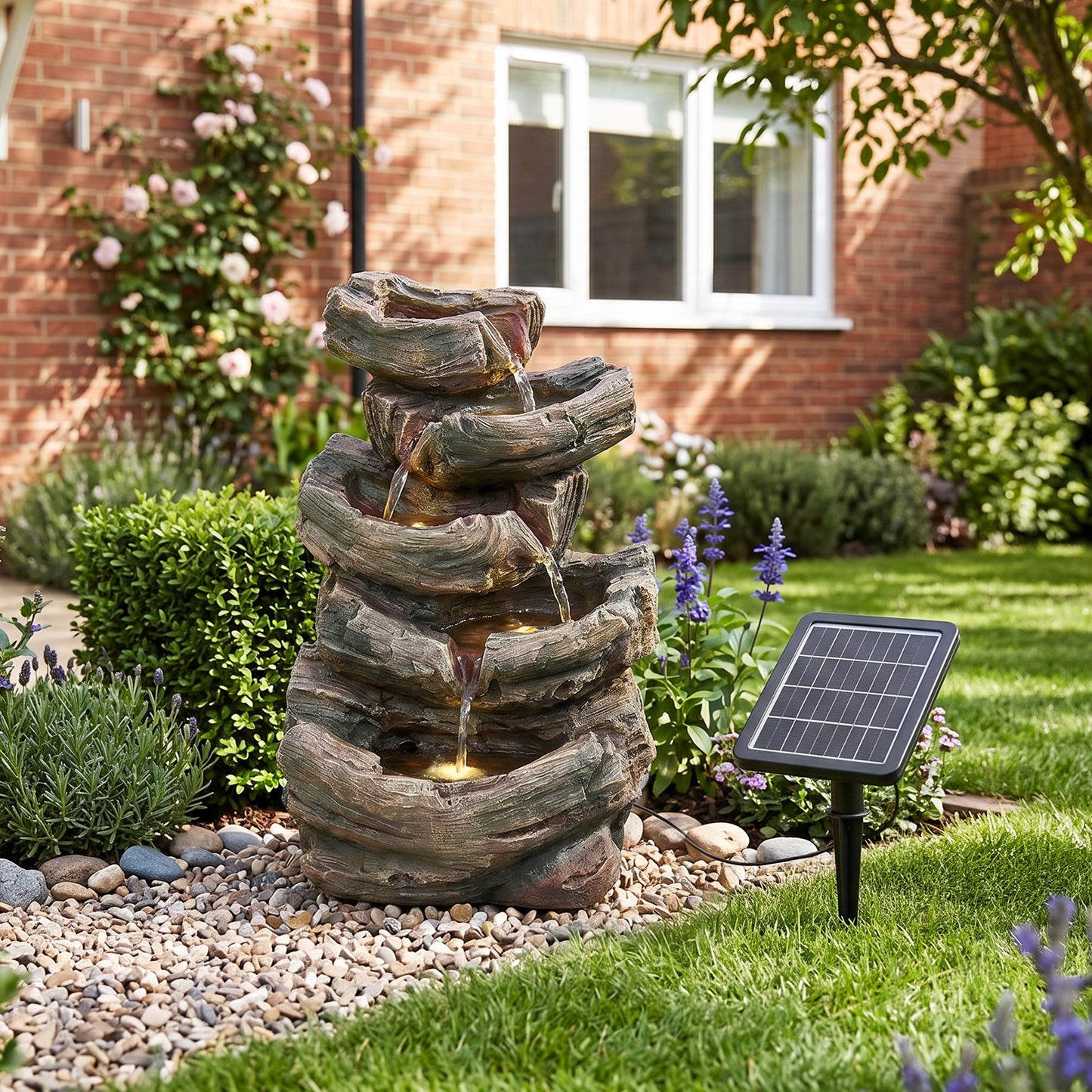 Solar-Powered Water Fountain Tree Stump Waterfall Gardening Decor