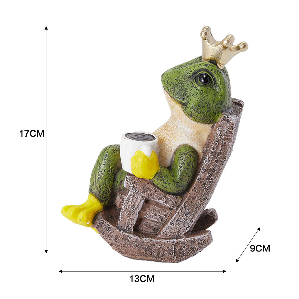 Resin frog prince figurine tabletop ornament with crown, holding a mug on a stone base
