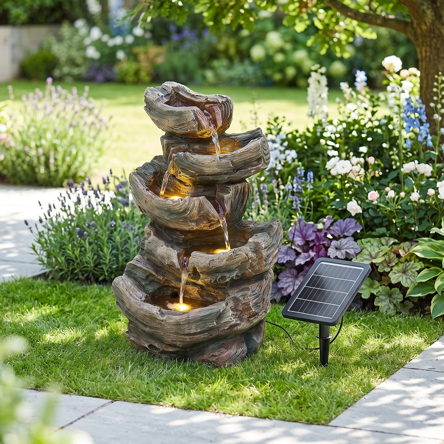 Solar-Powered Water Fountain Tree Stump Waterfall Gardening Decor