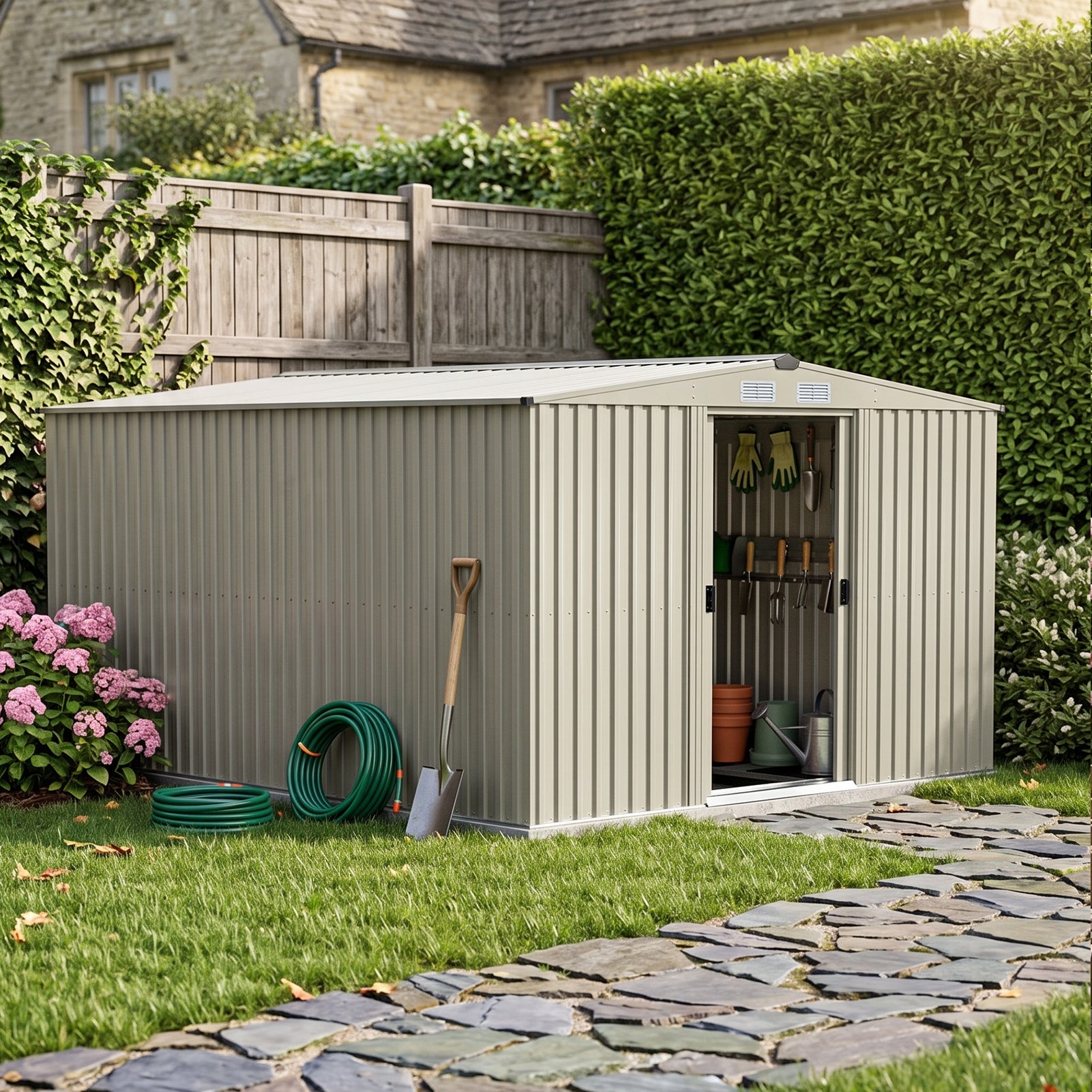 12x10FT Metal Garden Outdoor Storage Tool Shed with Double Sliding Doors