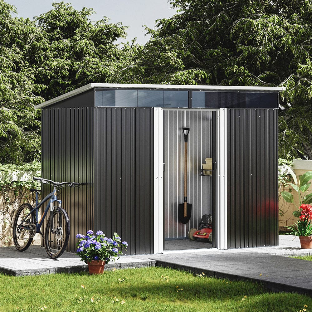 9x6ft metal garden storage shed with lockable sliding doors – weather-resistant outdoor steel shed