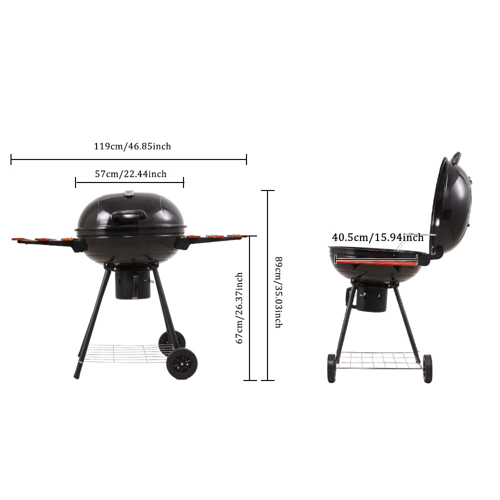 Dimensions of portable black kettle charcoal BBQ grill – size chart for round garden barbecue with lid
