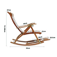 Size chart for brown bamboo folding rocking lounge chair