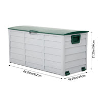Dimensions of 290L green and light grey outdoor storage box with wheels – space-saving garden storage unit