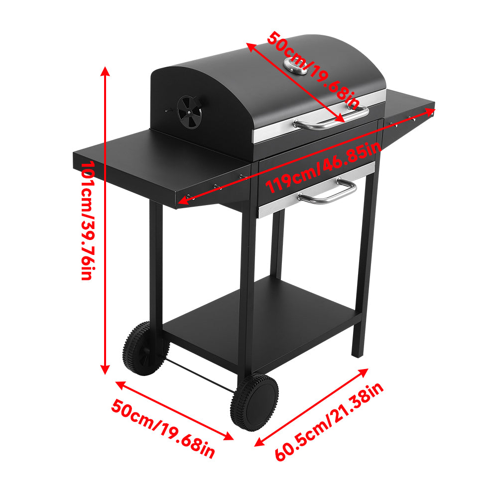 Dimensions of Black Charcoal BBQ Grill with Dual Side Tables and Wheels – Size Guide for Outdoor Use
