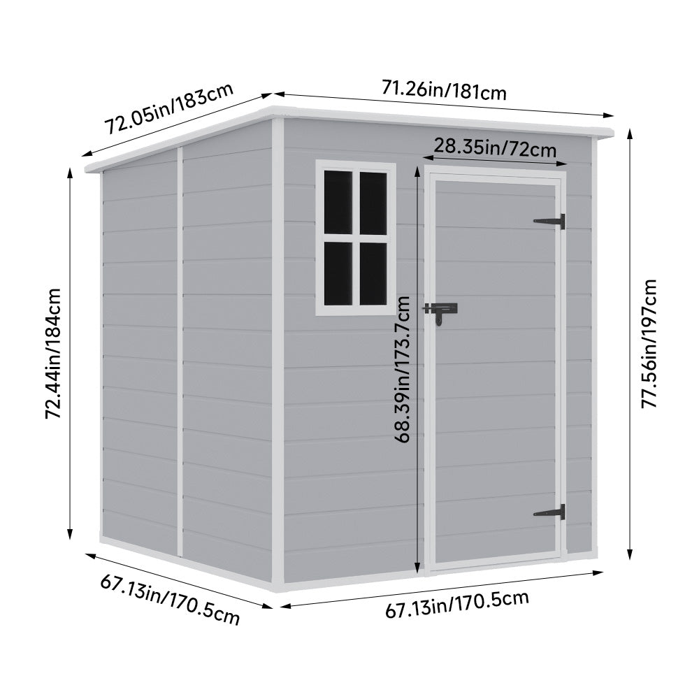 6x6ft garden storage shed dimensions – full size chart for grey PP shed with window and ventilation system