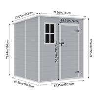 6x6ft garden storage shed dimensions – full size chart for grey PP shed with window and ventilation system