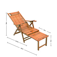 Detailed size chart for brown bamboo recliner lounge chair with retractable footrest