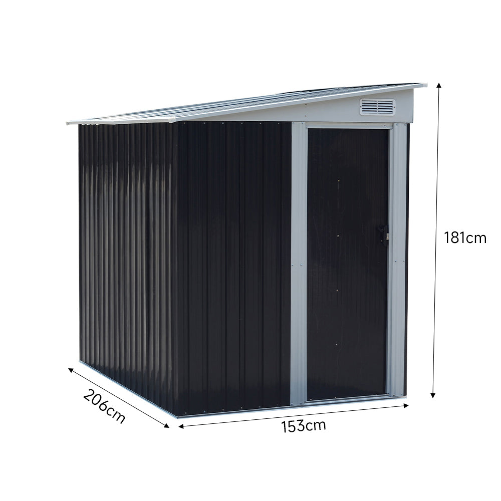 Dimension chart of 5x7ft charcoal black sliding door tool shed – full size guide for outdoor installation