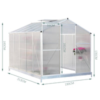 Dimension Diagram of 10x6ft Aluminium Greenhouse with Base – Includes Height, Width, Depth and Door Size