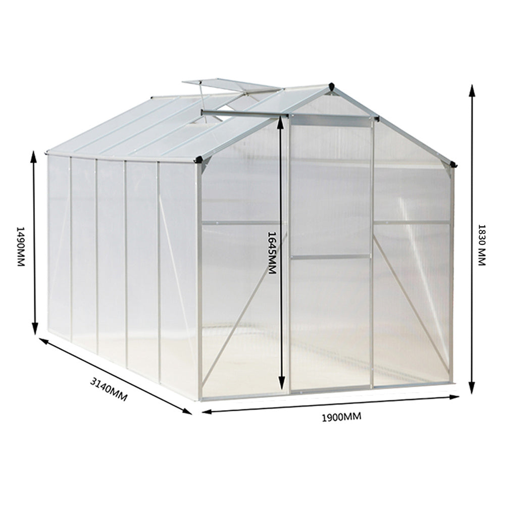 10x6ft Greenhouse Size Dimensions – Full Measurement Chart with Door and Roof Height