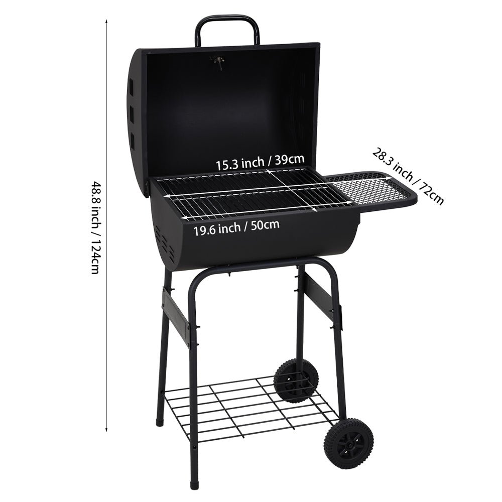 Dimensions of portable garden charcoal BBQ grill with thermometer and side shelves – size chart for patio or backyard use