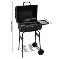 Dimensions of portable garden charcoal BBQ grill with thermometer and side shelves – size chart for patio or backyard use