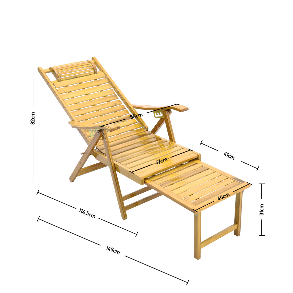 Dimensions of natural bamboo foldable recliner lounge chair with footrest – detailed size guide