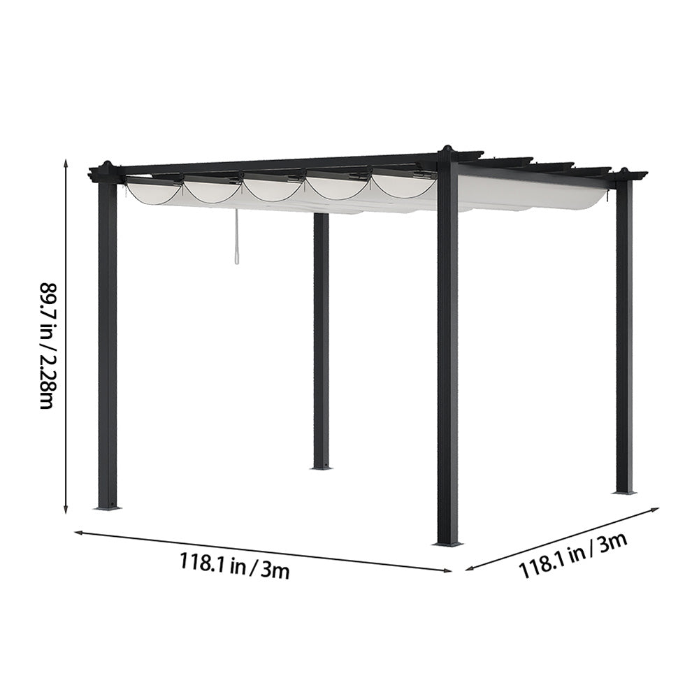 10x10ft Pergola Dimensions – Beige Aluminum Frame with Retractable Roof Size Guide