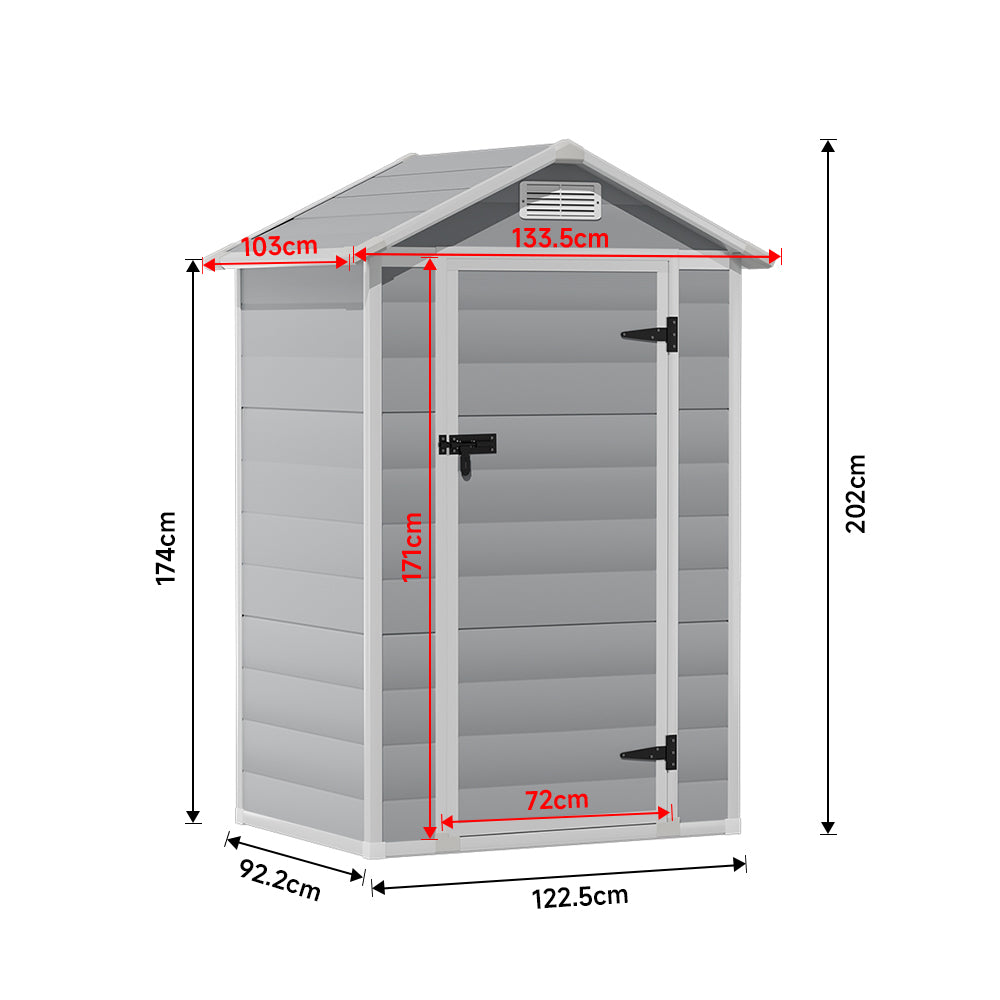 Dimension chart of 4x3ft grey plastic tool storage shed – precise measurements for garden planning