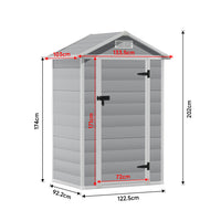 Dimension chart of 4x3ft grey plastic tool storage shed – precise measurements for garden planning