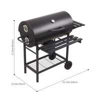 Dimensions chart of portable barrel charcoal BBQ grill with thermometer and dual panels – full size specifications for outdoor use