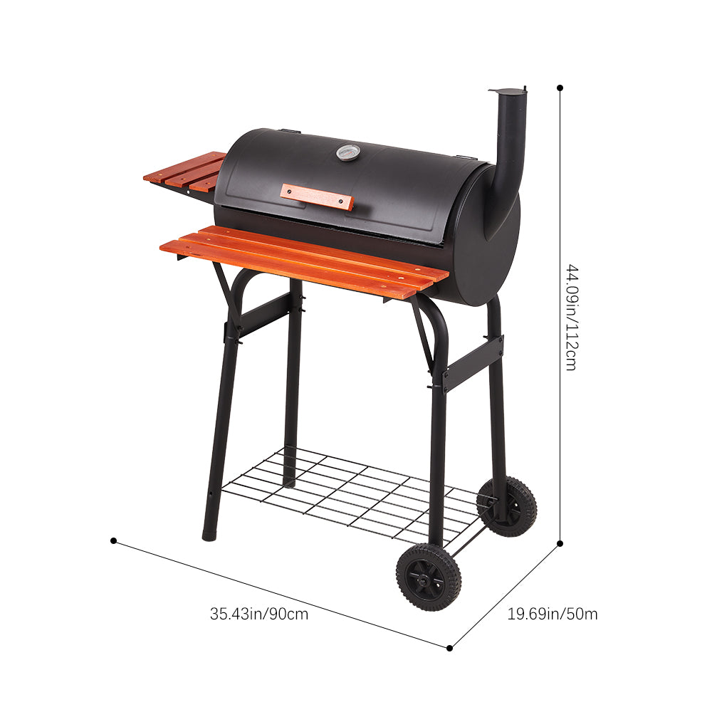 Dimensions of black barrel charcoal BBQ grill smoker with side shelves – portable outdoor grill size chart