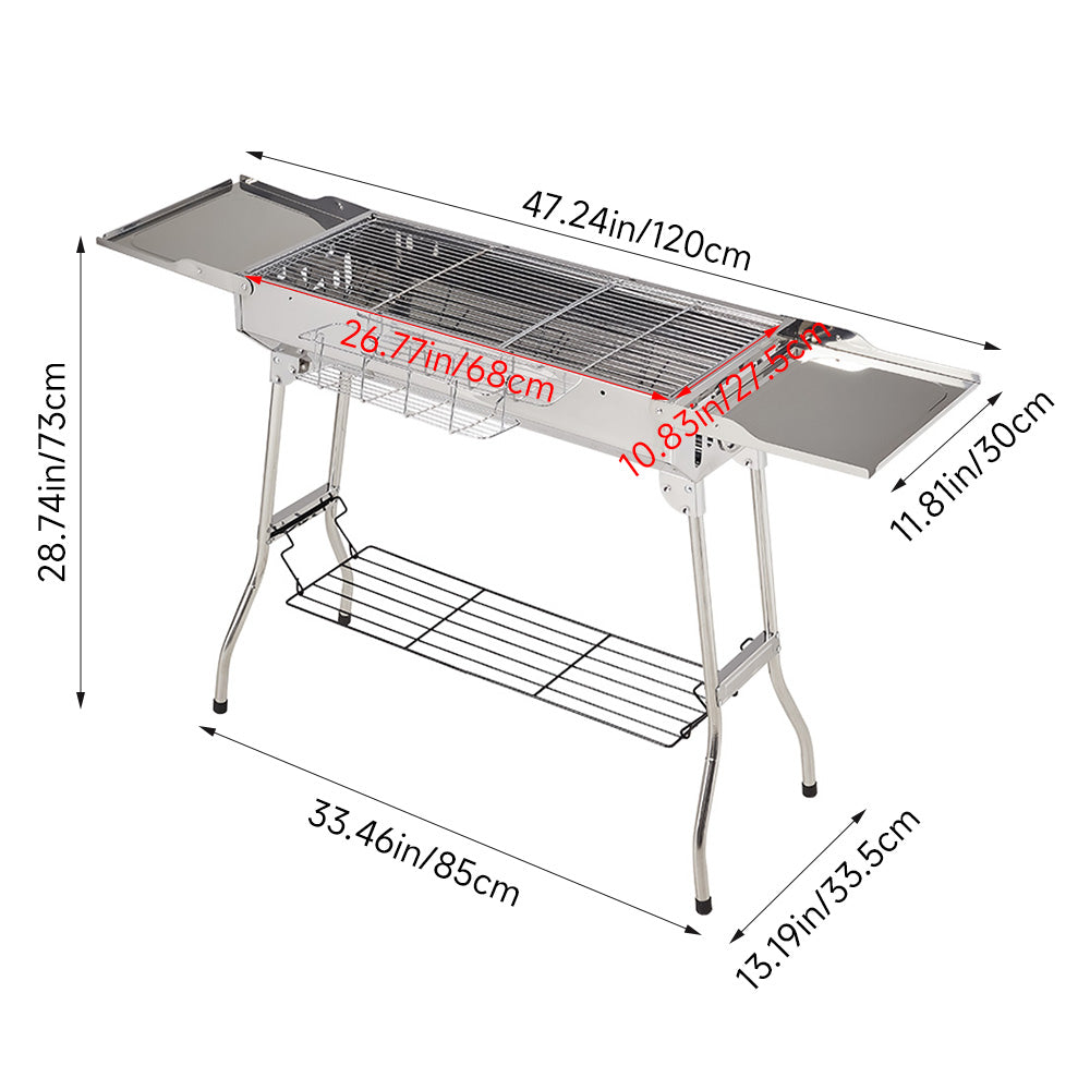 Dimensions chart of outdoor portable charcoal BBQ grill – compact design for garden, patio, or travel use