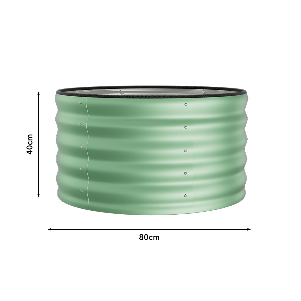 Size chart of light green round galvanized steel garden raised bed – full dimensions for outdoor garden use