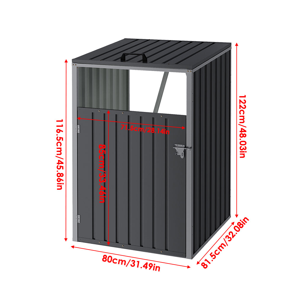 Full dimensions of 3x3ft charcoal black metal garbage can storage shed – space-saving bin shelter sizing