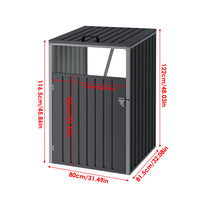 Full dimensions of 3x3ft charcoal black metal garbage can storage shed – space-saving bin shelter sizing