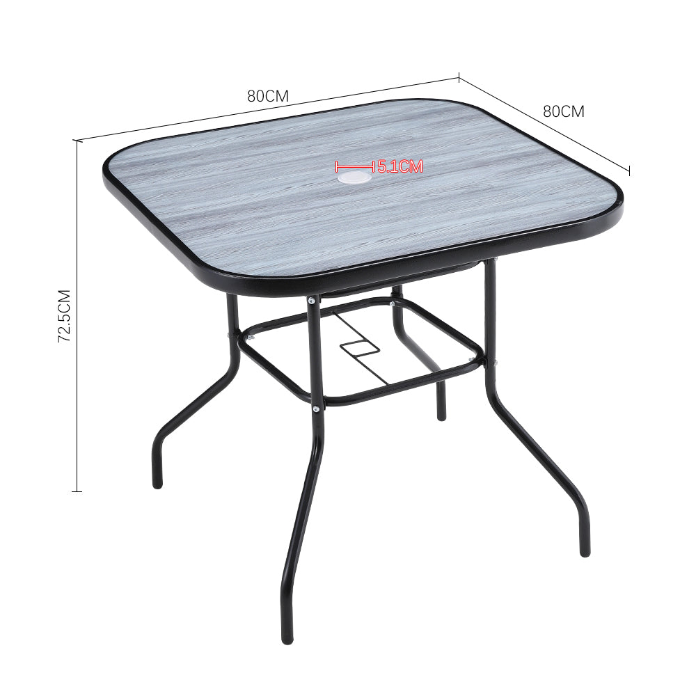 Measurement diagram of black 80 x 80 cm wood grain tempered glass garden table