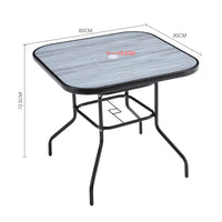 Measurement diagram of black 80 x 80 cm wood grain tempered glass garden table