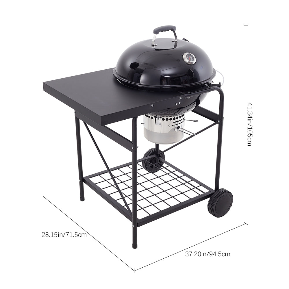 Dimensions of Black Charcoal BBQ Grill with Smoke Stack, Side Table, and Wheels – Technical Size Diagram
