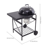 Dimensions of Black Charcoal BBQ Grill with Smoke Stack, Side Table, and Wheels – Technical Size Diagram